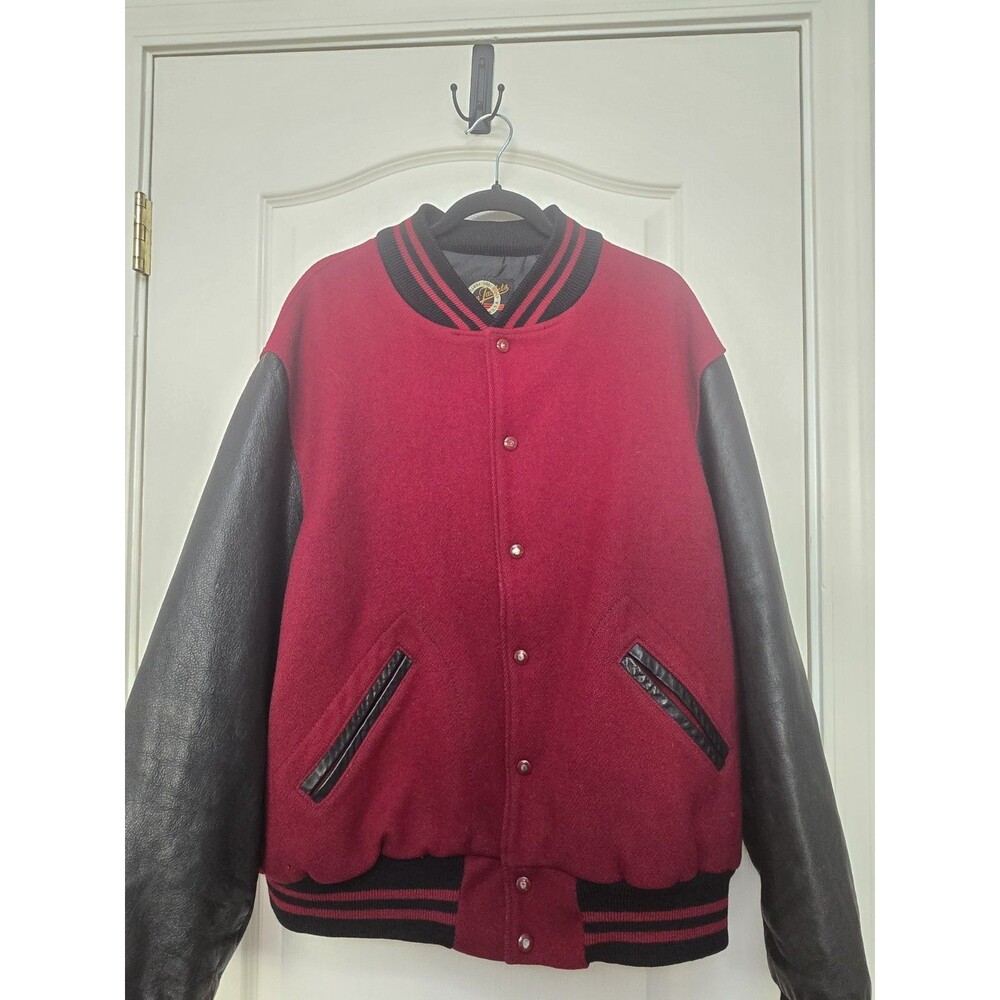 Vintage DeLong Varsity Letterman Jacket XL Dark Red Black Wool Genuine Leather